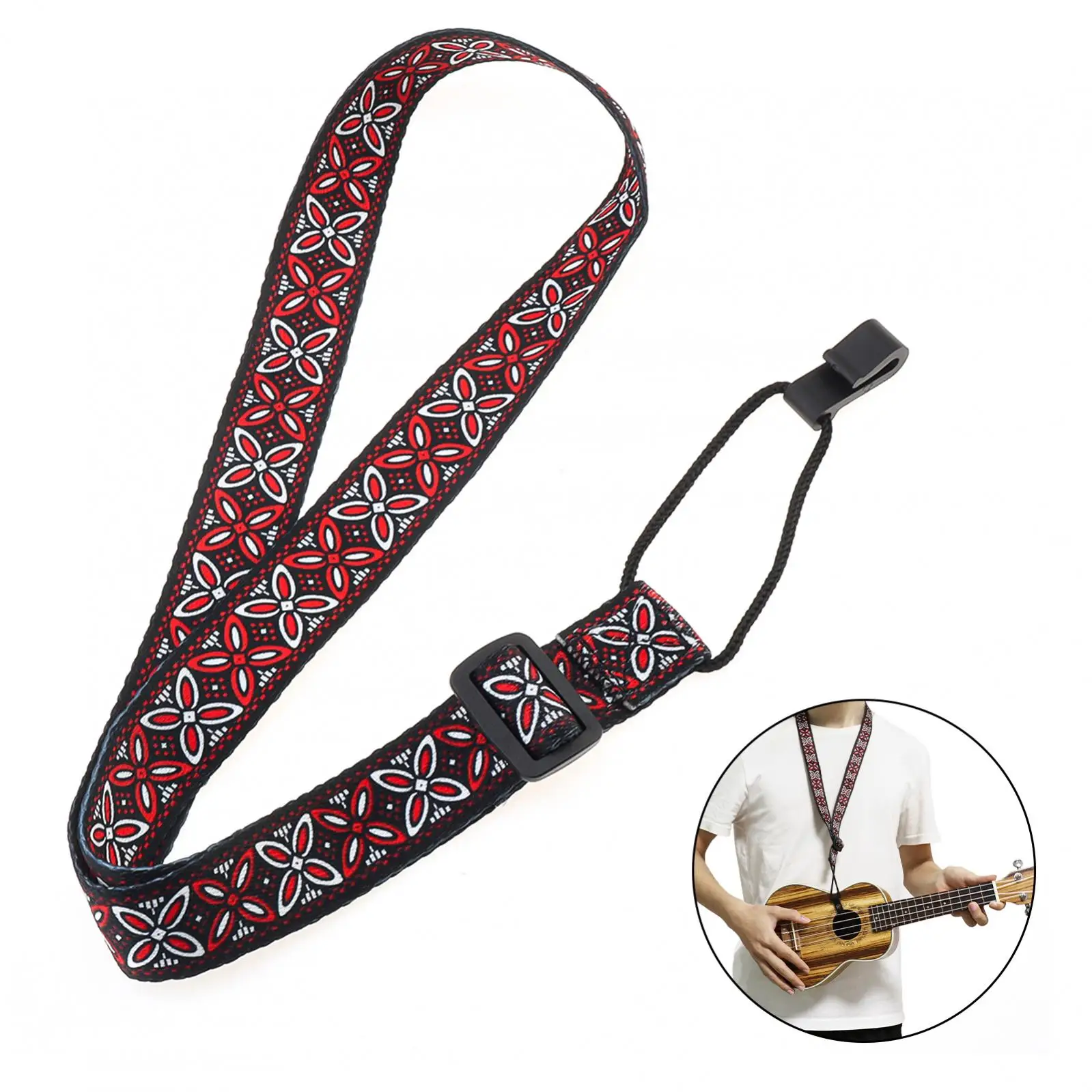 Adjustable Hook Clip on Ethnic Style Ukulele Strap, Butterfly Flower Ukulele Neck Strap for 4 String Ukulele