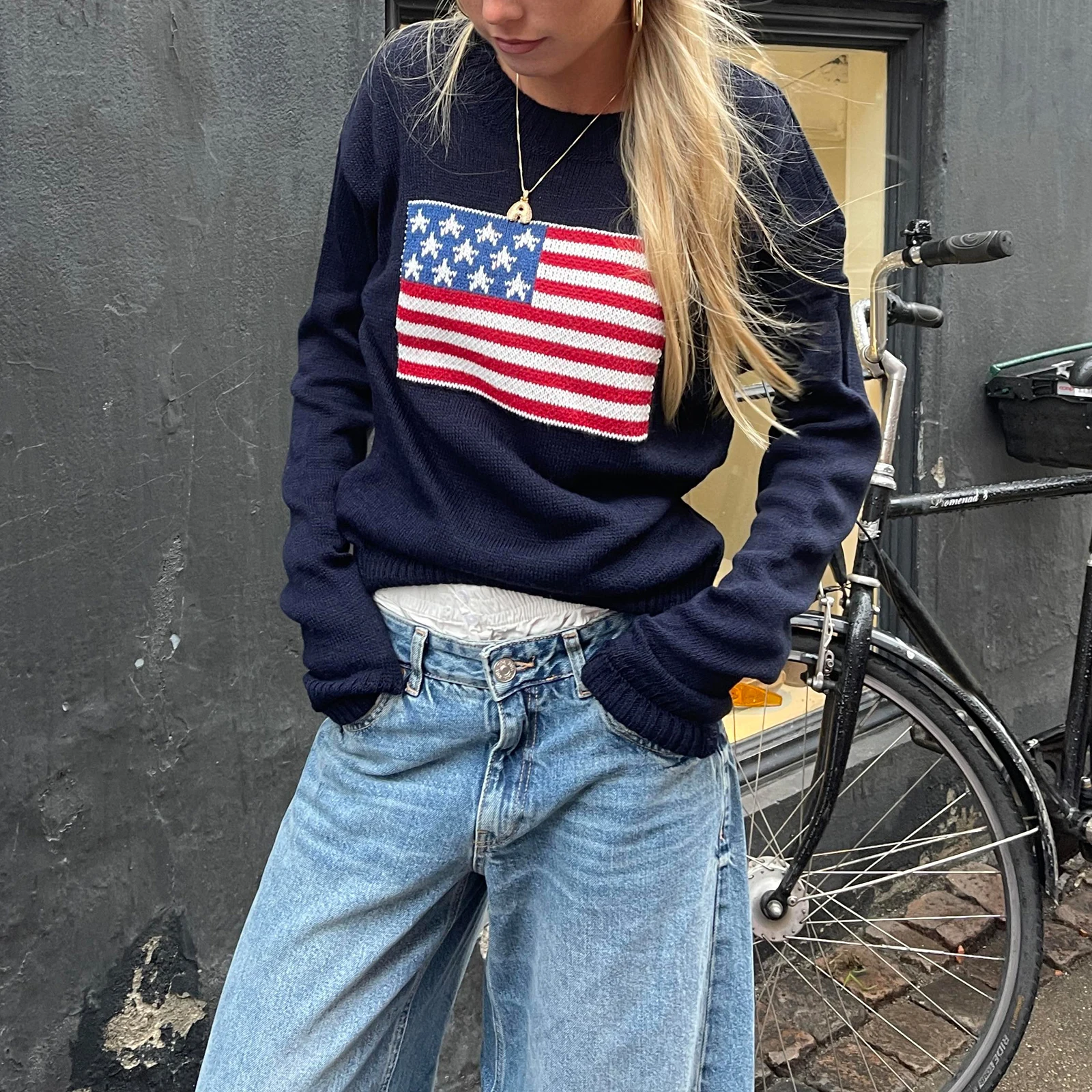 

hirigin Women American Flag Sweater Vintage USA Sweatshirt Long Sleeve Crewneck Loose Fit Knited Pullovers Top Winter Fall