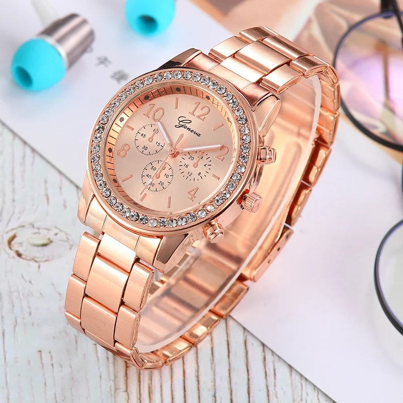 fashion Geneva style rhinestone stainless steel quartz women watch