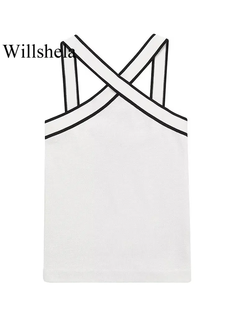 Willshela Women Fashion Patchwork Backless Tank Tops Vintage V-Neck Cross Straps Female Chic Lady Vest Top