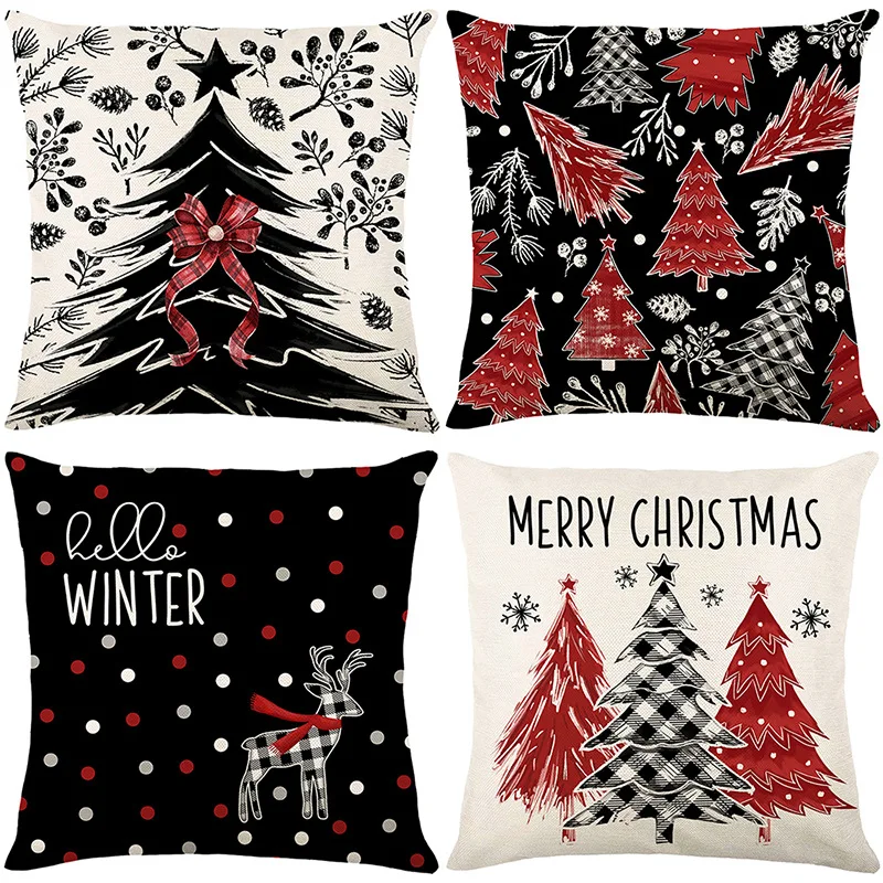 Christmas Linen Throw Pillows 4pcs 45x45cm, Suitable for Sofas,bedrooms,cars,and Home Holiday Decorations (without Inner Lining)