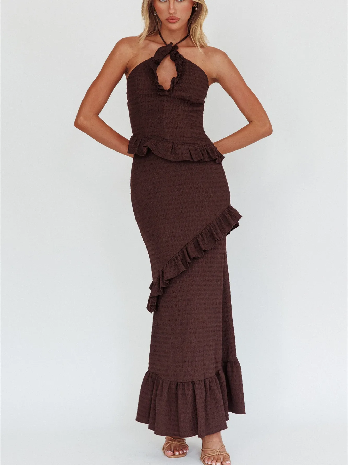 ملابس الصيف النسائية بلون واحد انقطاع الرسن تانك القمم تكدرت تنورة طويلة مجموعة ملابس الحفلات