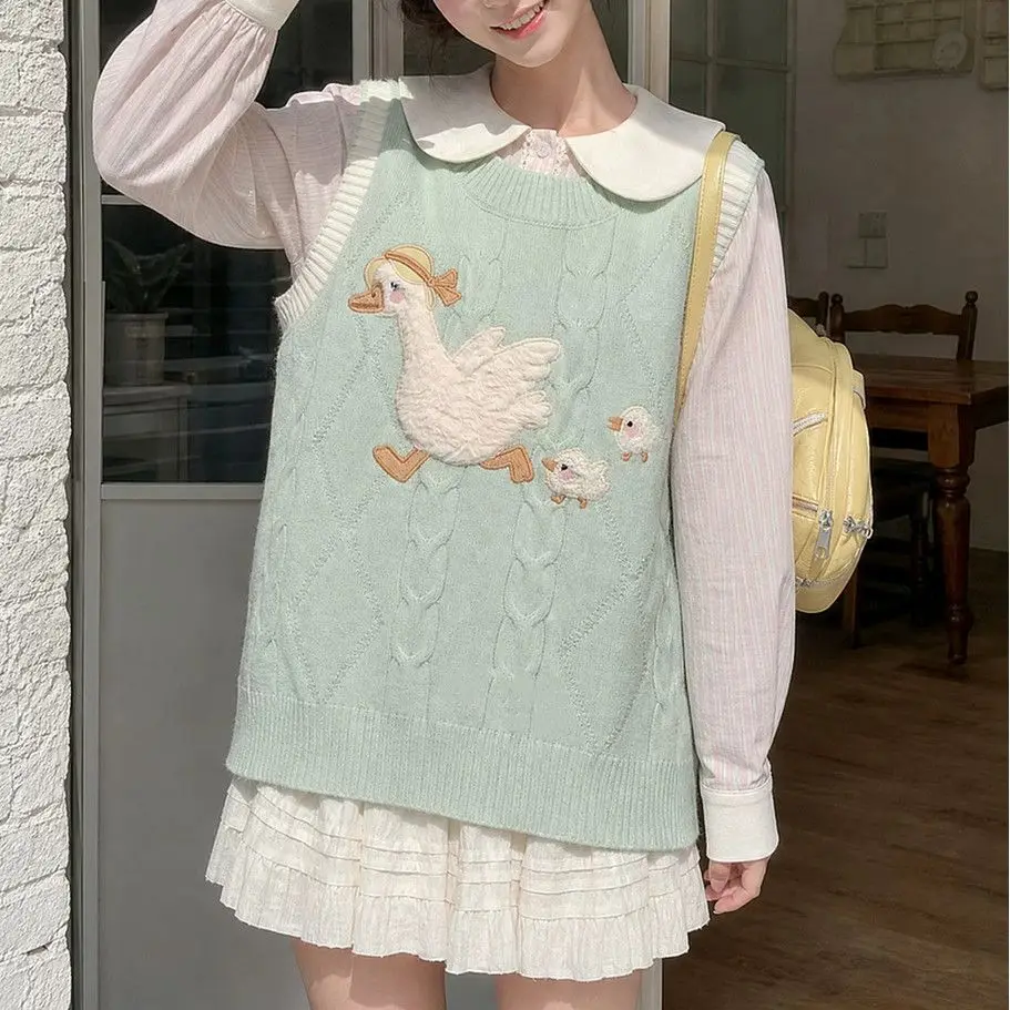 Y2K Sweet Cute Preppy Women Sleeveless Knit Vest Argyle Cable Knit Duck Patch Embroidery, Round Neck Casual Sweet Knit Waistcoat