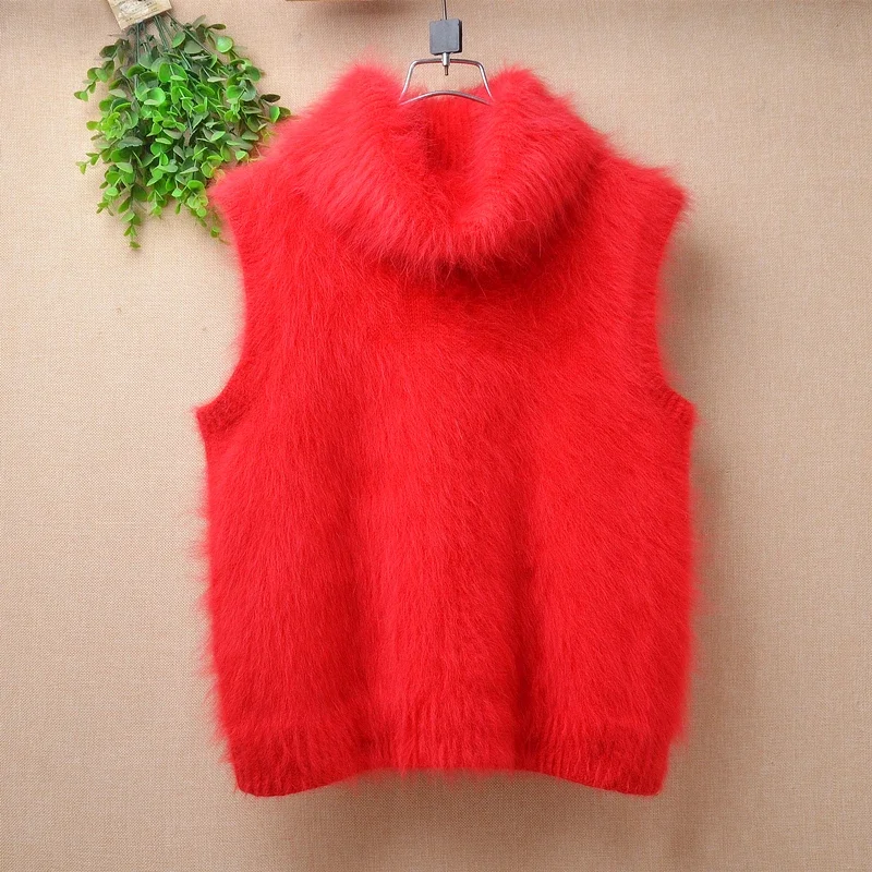 Fashion Ladies Women Spring Autumn Clothing Hairy Angora Rabbit Hair Knitted Sleeveless O-Neck Loose Pullover Sweater Vest Pull