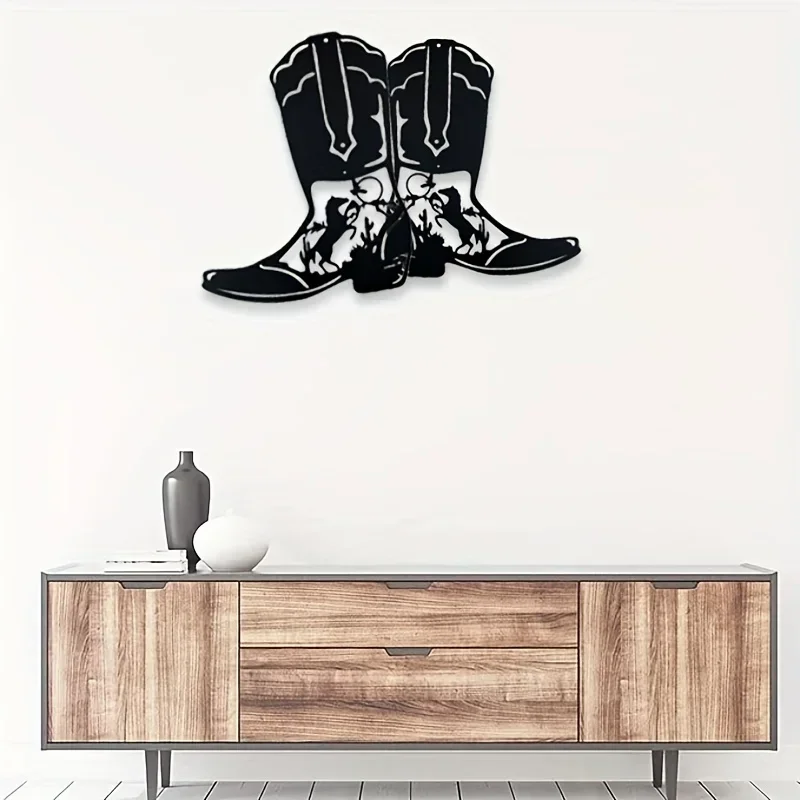 HELLOYOUNG  Cowboy Boots Metal Wall Decor Art Cowboy Style Black Metal Art Decor Living Room Cowgirl Large Outdoor Wall Home Dec