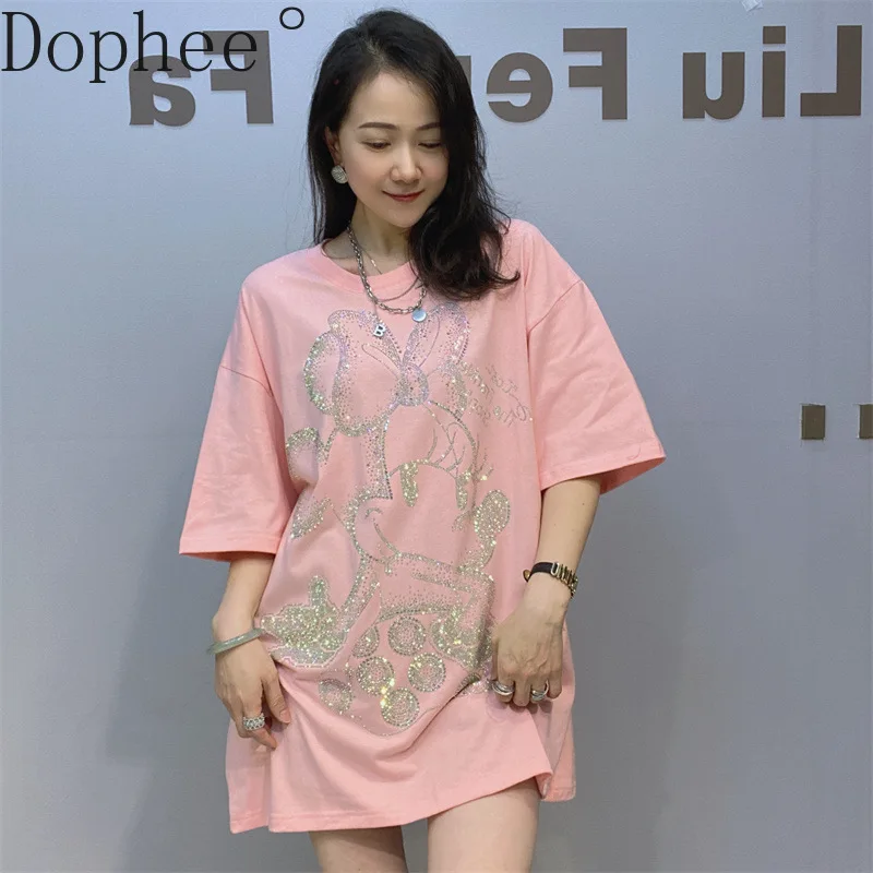 All-match New Spring Summer Short Sleeve T-shirt Hot Drilling Women O-neck Pullover Top Mid-length Diamonds Casual Cotton Tees