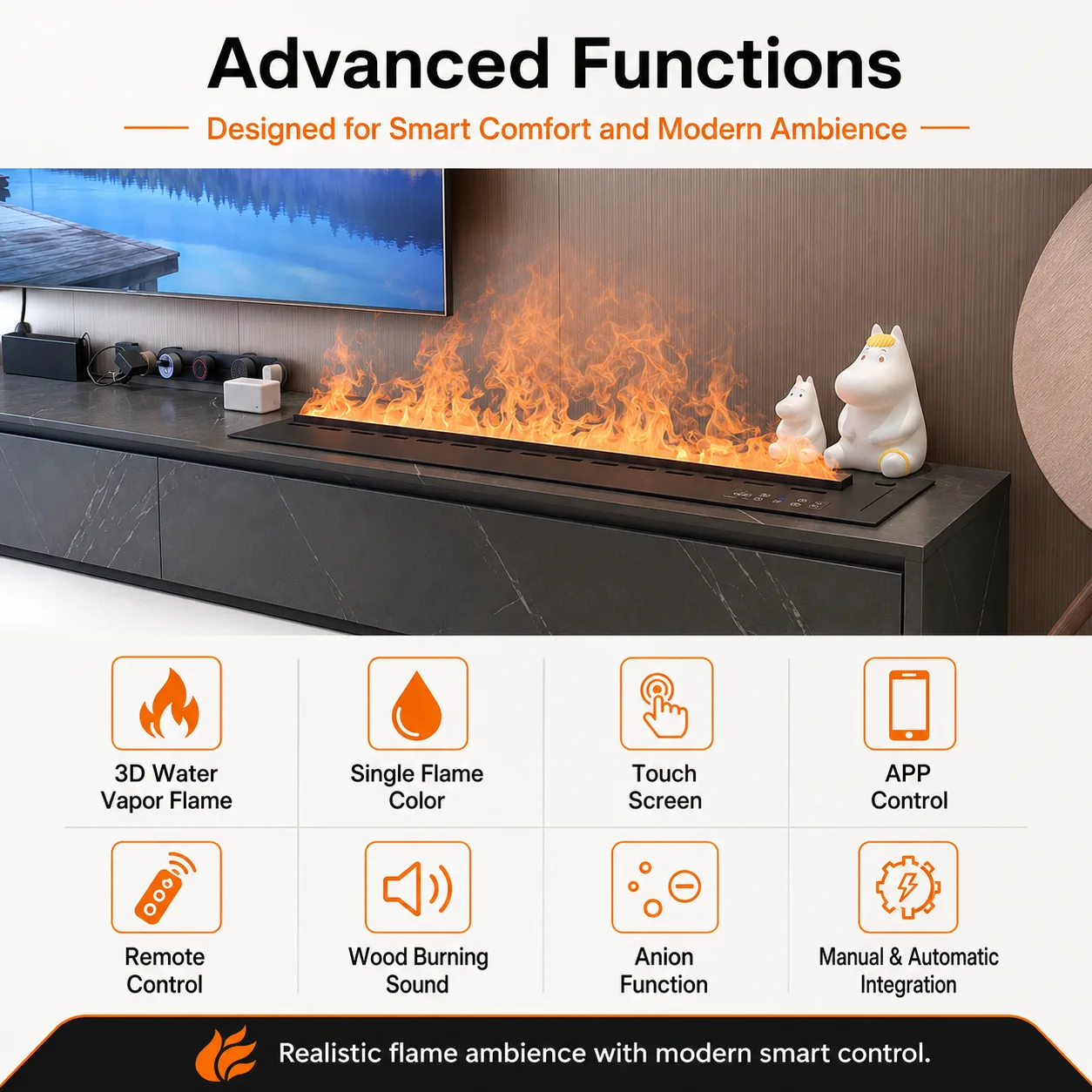 Modern 700-3000mm Electric Fireplace 3D Water Vapor Fire Steam Effect Smart Control Phone APP Remote Control Indoor Use Insert