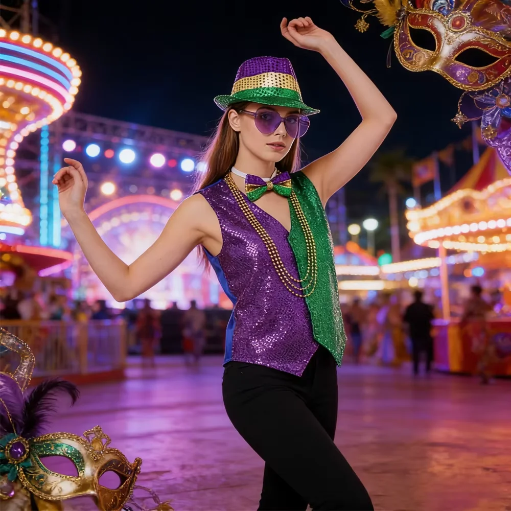 Zestaw Kostiumowy na Mardi Gras z Cekinami: Kapelusz, Kamizelka, Okulary, Naszyjnik z Koralików, Muszka, Akcesoria Imprezowe