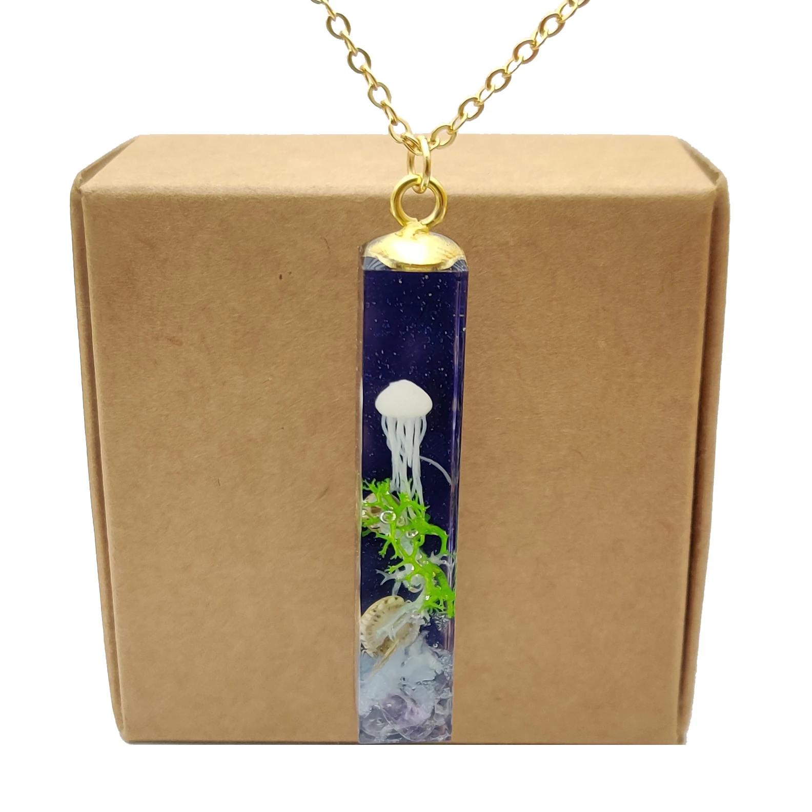 Jellyfish 3D Seabed Undersea Purple Blue Cube Resin Pendant Gold Color Chain Necklace Women Boho Fashion Jewelry Handmade