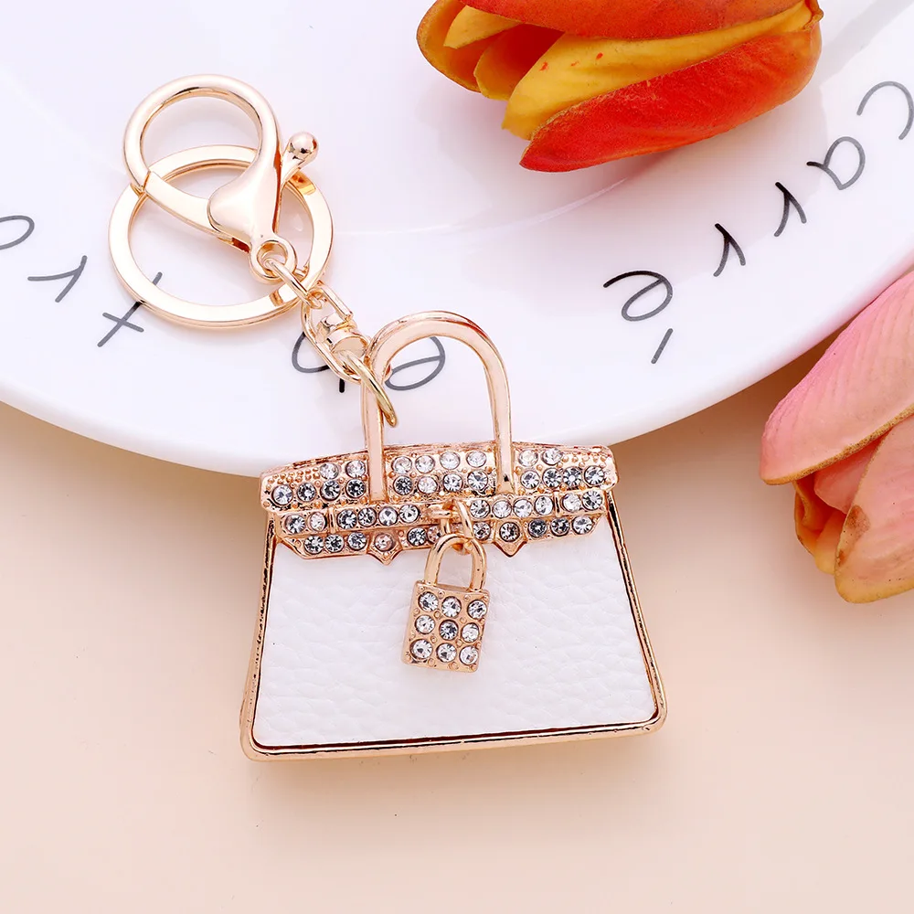 Fashion Cute Leather Crystal Women Handbag Key Chain Rhinestone Lock Bag Lady Wedding Jewelry Trinket Car Keychain Girl Gift K63