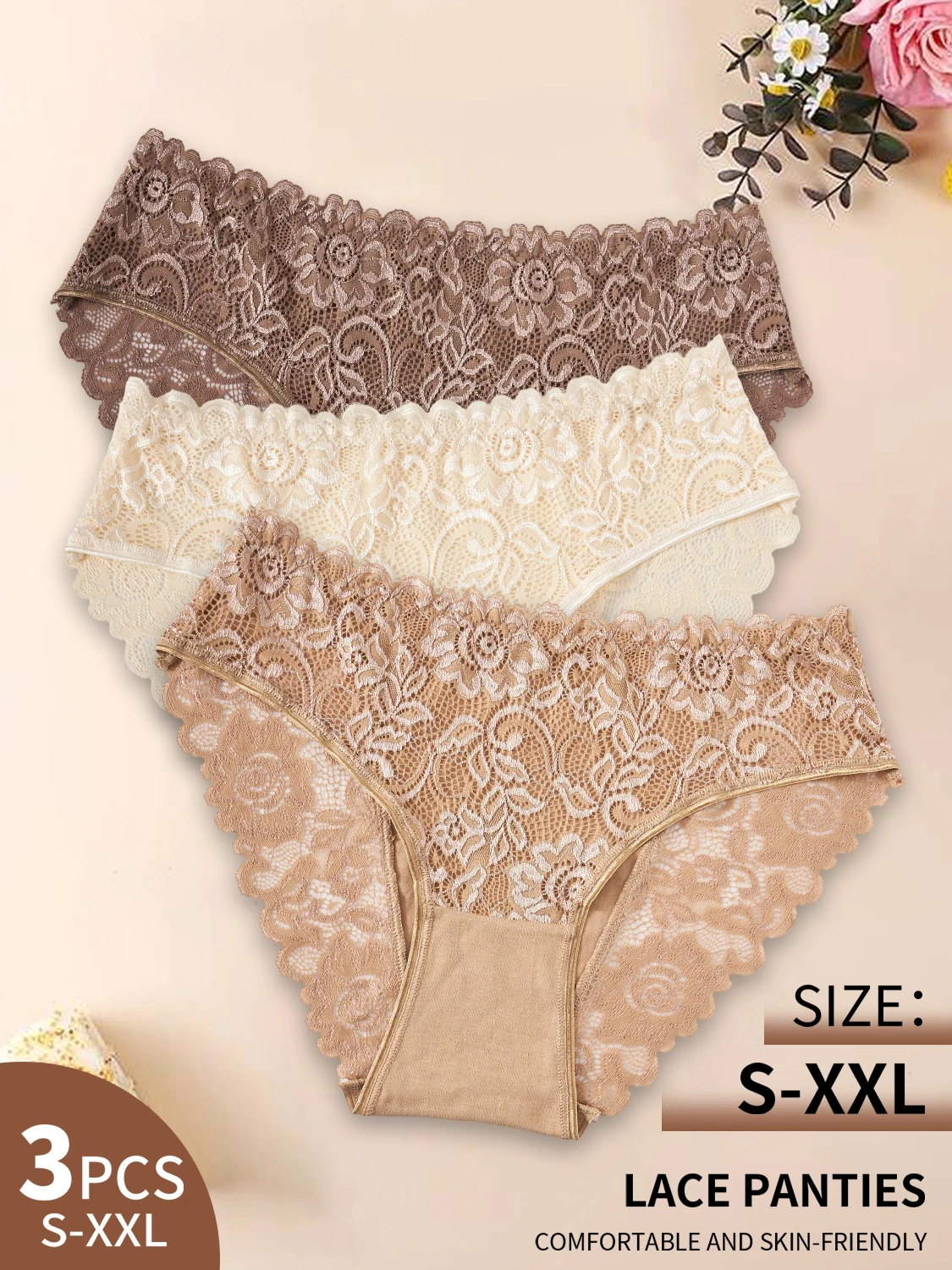 3PCS Semi-Sheer Elegant Lace Floral Design Women's Panties Solid Color Mid Waist Briefs Cotton Lingerie Comfortable Breathable