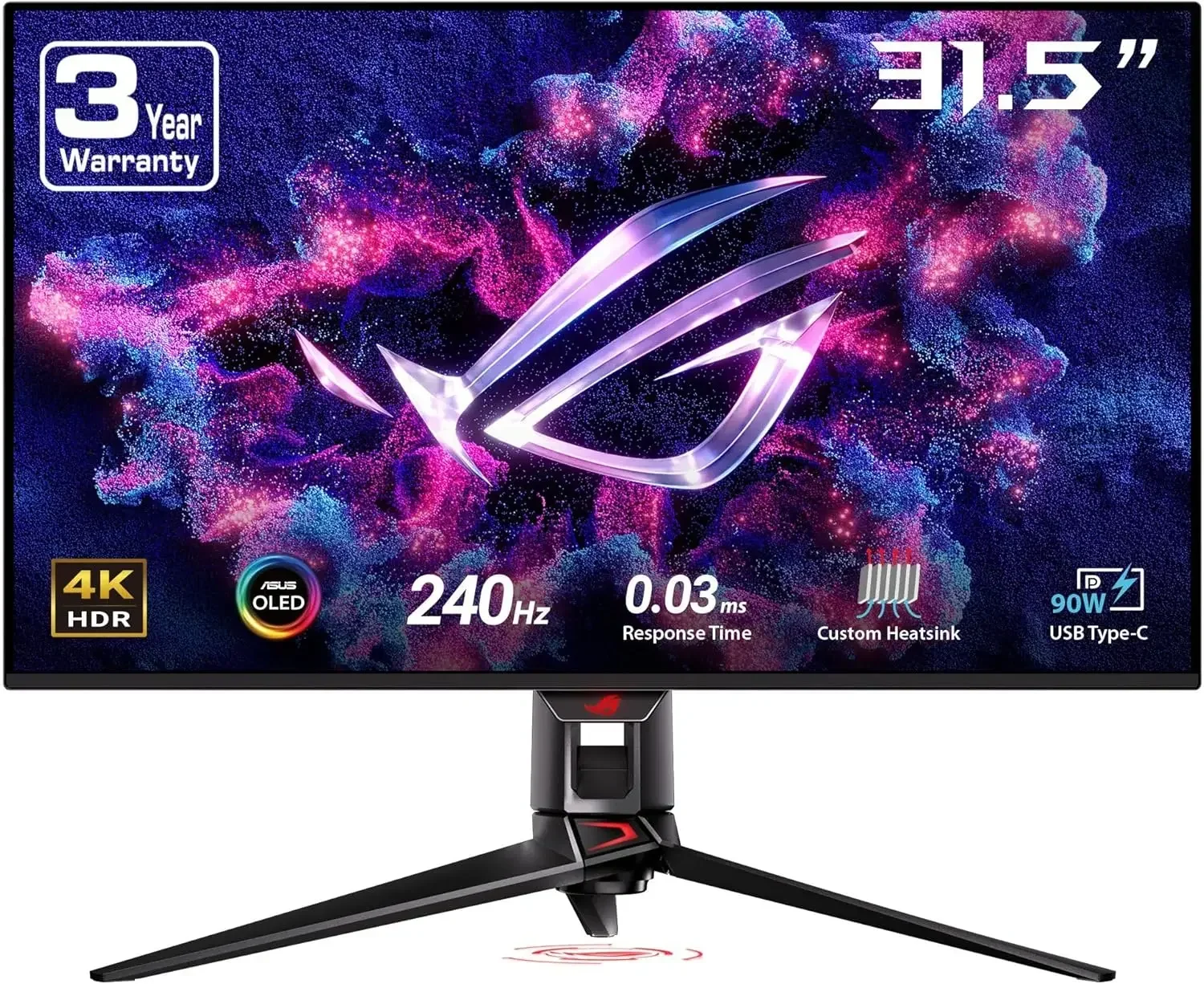 UHD (3840 x 2160), QD-OLED, 240Hz, 0.03ms, G-SYNC Compatible, Custom Heatsink, Graphene Film, 99% DCI-P3, True 10-bit, 90W USB-C