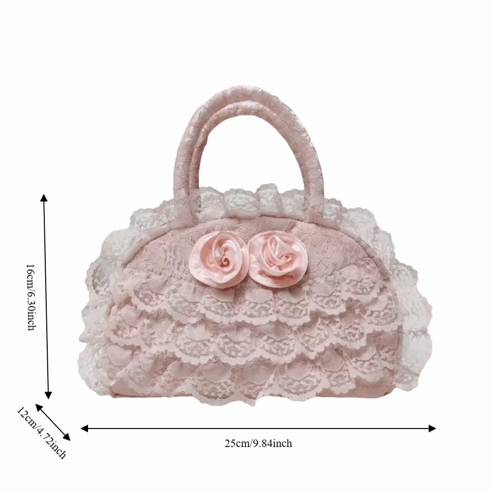 Polyester Material Ruffled Lace Handbag 3D Fabric Rose Multilayer Lolita Bag Dome Top Handle Spacious Interior Small Tote Bag view 6