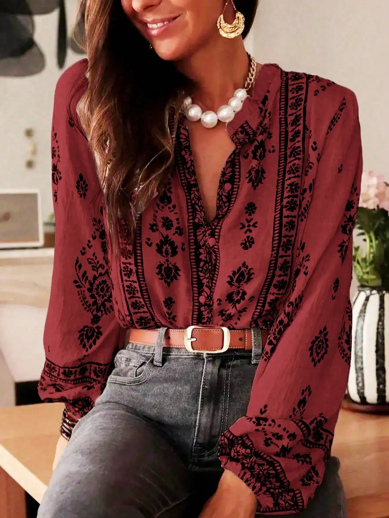 

Женская модная свободная элегантная блузка с длинным рукавом больших размеров, весенне-осенняя шифоновая блузка с цветочным принтом, рубашка