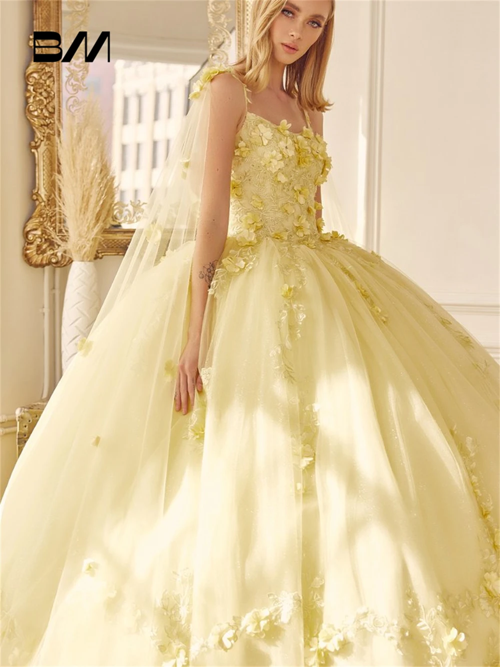 Lemon Yellow Quinceanera Dresses, Ball Gown, Women Sweet 15 16 Dress, Cocktail Dresses, High Waist Tulle With Flower Appliques