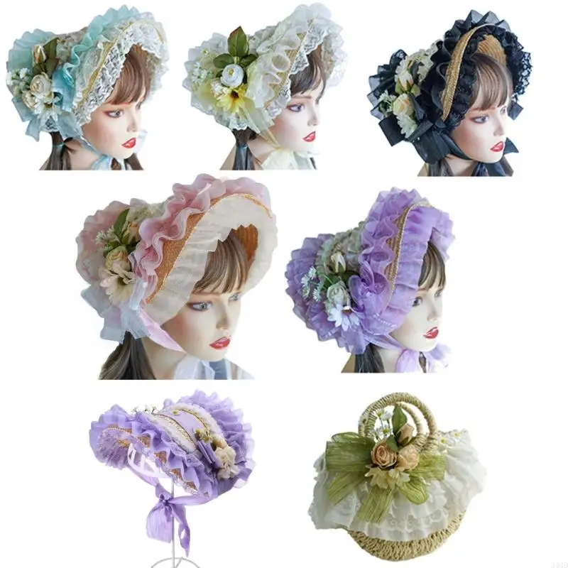 

340D Teas Party Sun Hat Flower Straw Hat Lolit Straw Hat Victorian Bonnet Lace Fascinators For Women Victorian Headdress