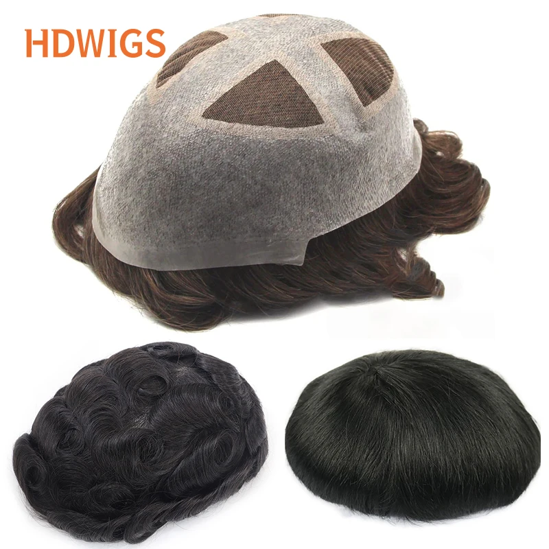 Swiss Lace PU Man Toupee Men's Capillary Prostheses Indian Real Human Hair Wigs Human Hair System Natural Brown Hair Topper Wigs