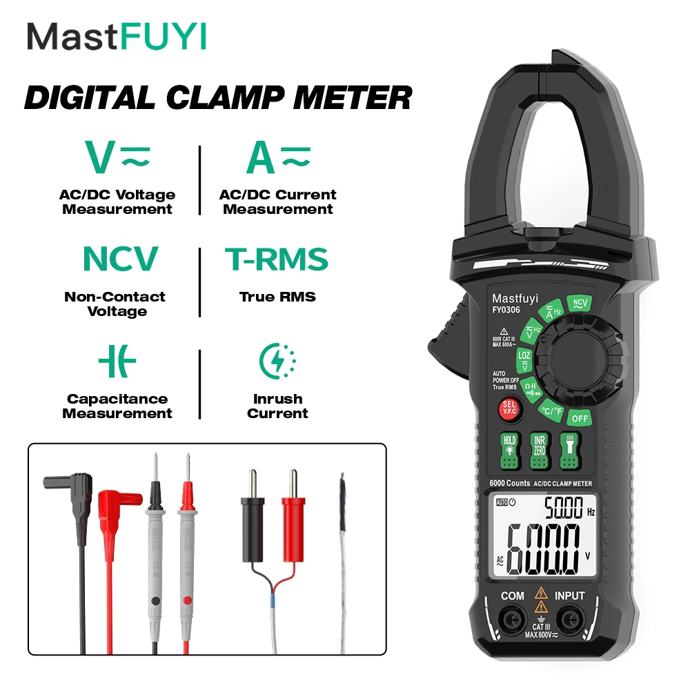 

MASTFUYI 600A True RMS цифровые клещи мультиметр 600 В переменного/постоянного тока вольтметр амперметр постоянного тока емкость NCV Ом Гц тестер