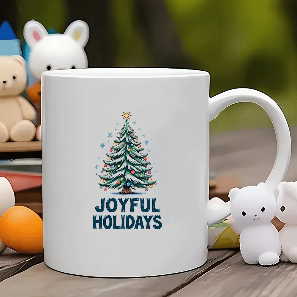 

11oz cartoon Christmas tree mug + Joyful Holidays sticker decoration Christmas gift kids cup family office coffee mug