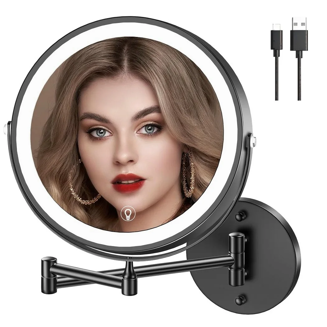 

Wall Mounted Lighted Makeup Mirror,8" Rechargeable Double Sided 1x/10x Magnifying Mirror 3 Color Led Mirror 360° Rotation