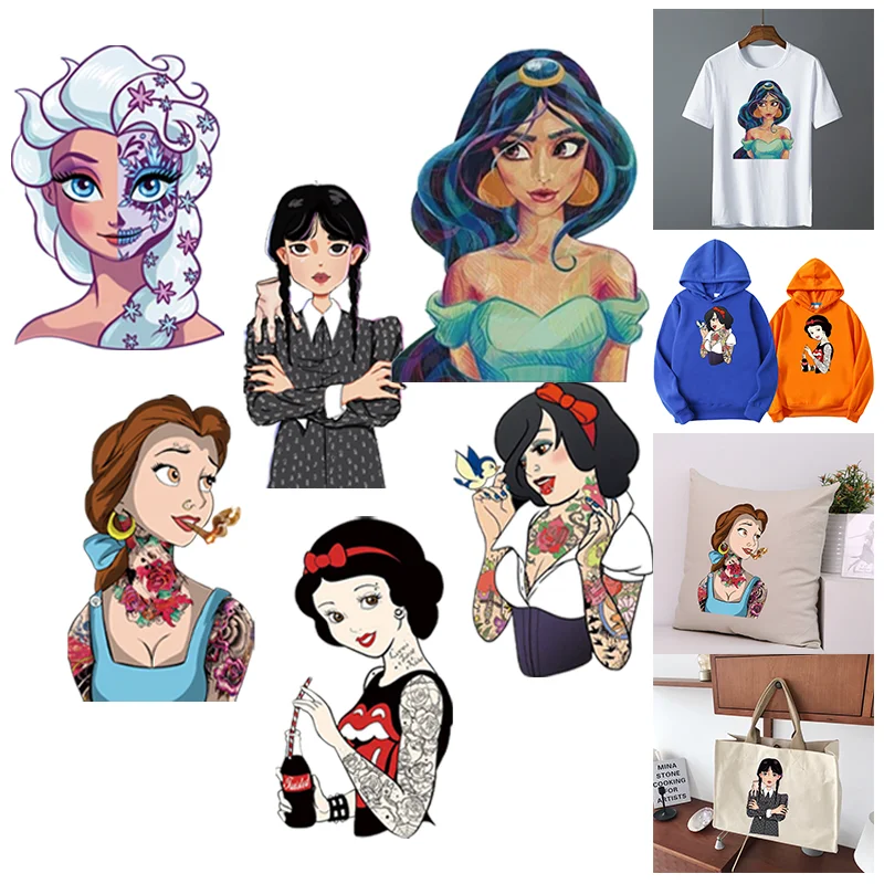 Disney Cartoon Princess personality Print Sticker Heat-Adhesive Patches For Clothes,Suitable for Hoodie,T-shirt,pillow,canva bag