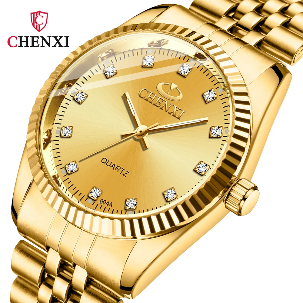 Złote Zegarki na Rękę dla Par CHENXI, Wodoodporne, Świecące, Modne Zegarki dla Par, Pasek ze Stali Nierdzewnej, Zegarki Męskie i Damskie