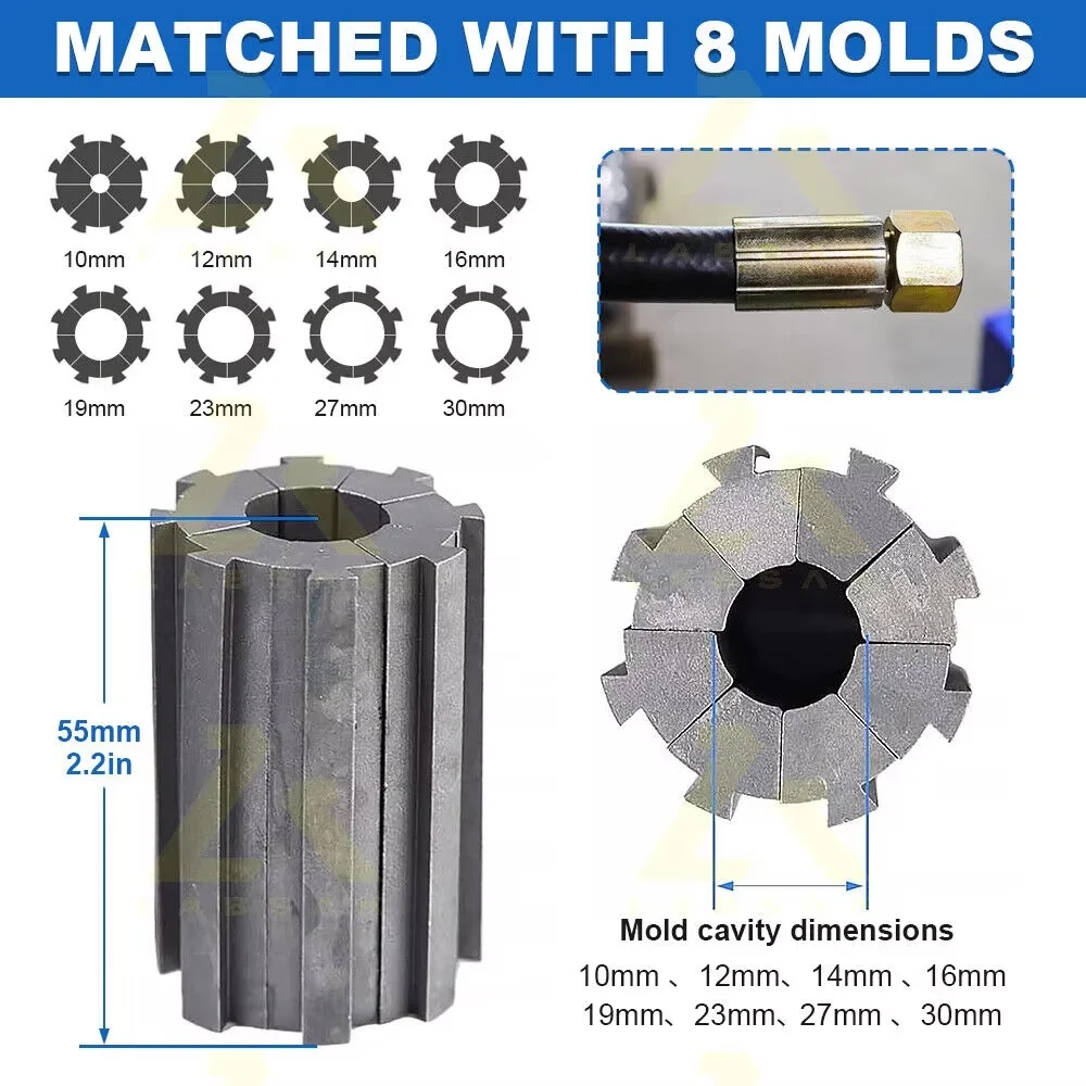 ماكينة تجعيد الخراطيم الهيدروليكية المحمولة مقاس 1 بوصة مع 8 مجموعات من القوالب بحالة جديدة