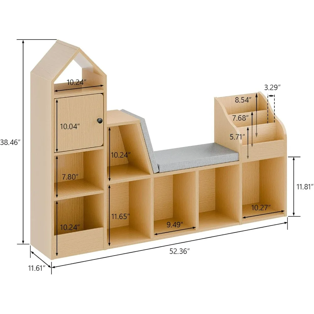Kids Reading Nook with Bench - Bookshelf & Bookcase with Seat Cushion, 7 Opening Storage Cubbies,  Toy Storage Box and Chest