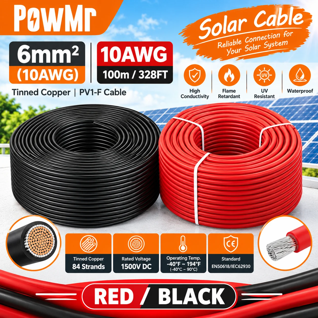 PowMr 10AWG 6mm2 Solar Cable 1500V DC Tinned Copper Wire Red Black 100M 328FT UV Resistant Waterproof for Solar Panel RV Off Grid System