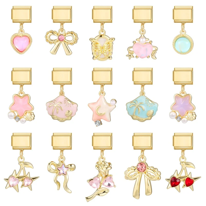 Wholesale Bow Butterfly Moon Cherry Shell Gold Color Pendant Italian Charm Links Fit 9mm Stainless Steel Bracelet DIY Making