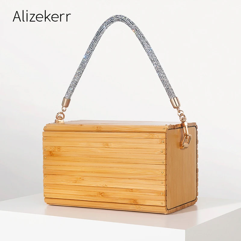 

Alizekerr Cuboid Box Bamboo Beach Handbags Women 2024 Boutique Summer Vintage Rhinestone Handle Wood Straw Bags Bohemian Holiday