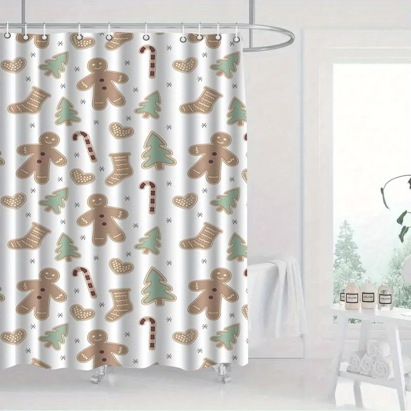 1pc with Hook Shower Curtain, Easy Christmas Gingerbread Print Pattern, High-End And Elegant, Machine Washable, Suitable for Bat