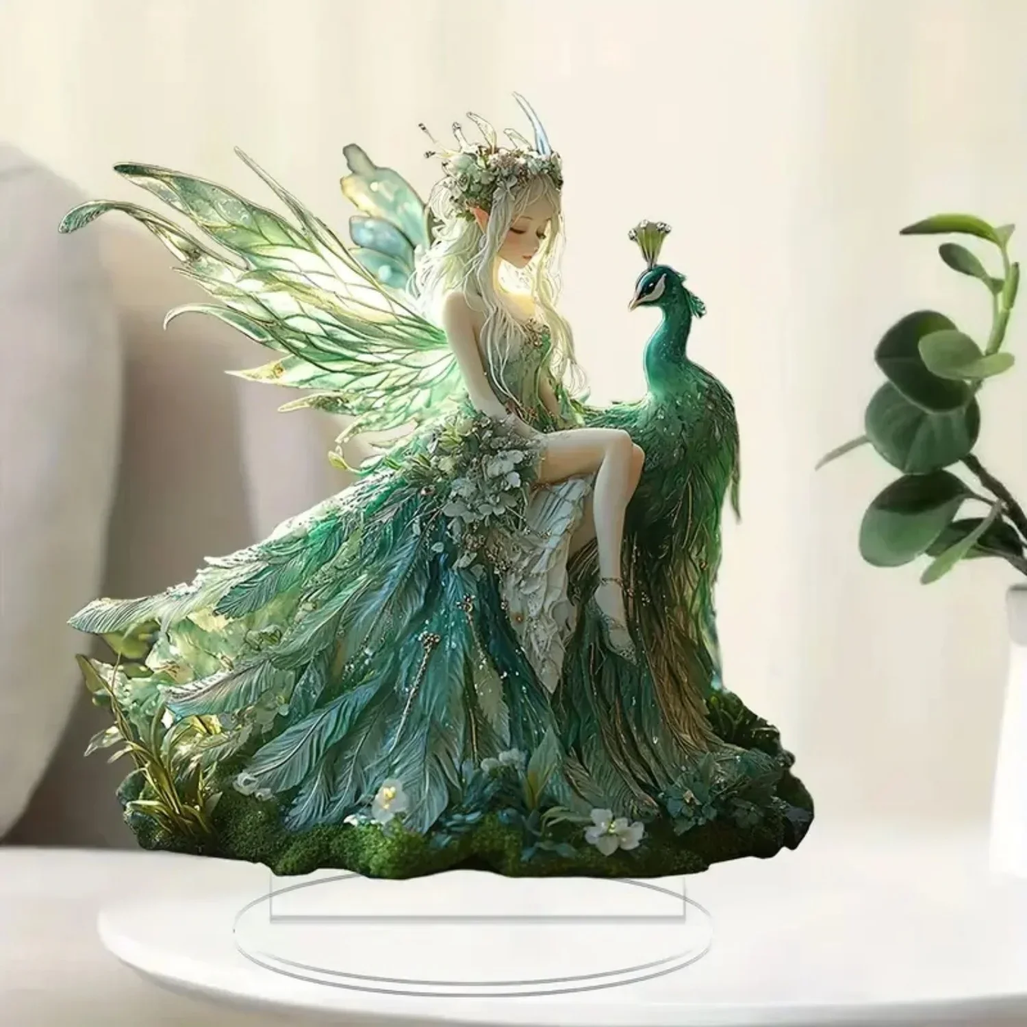 Fairy Statue,2D Flat Acrylic green Elves Figurine,Home,Office,Cafe,room,Studio,display Case,Table Desktop Ornament Decor gift