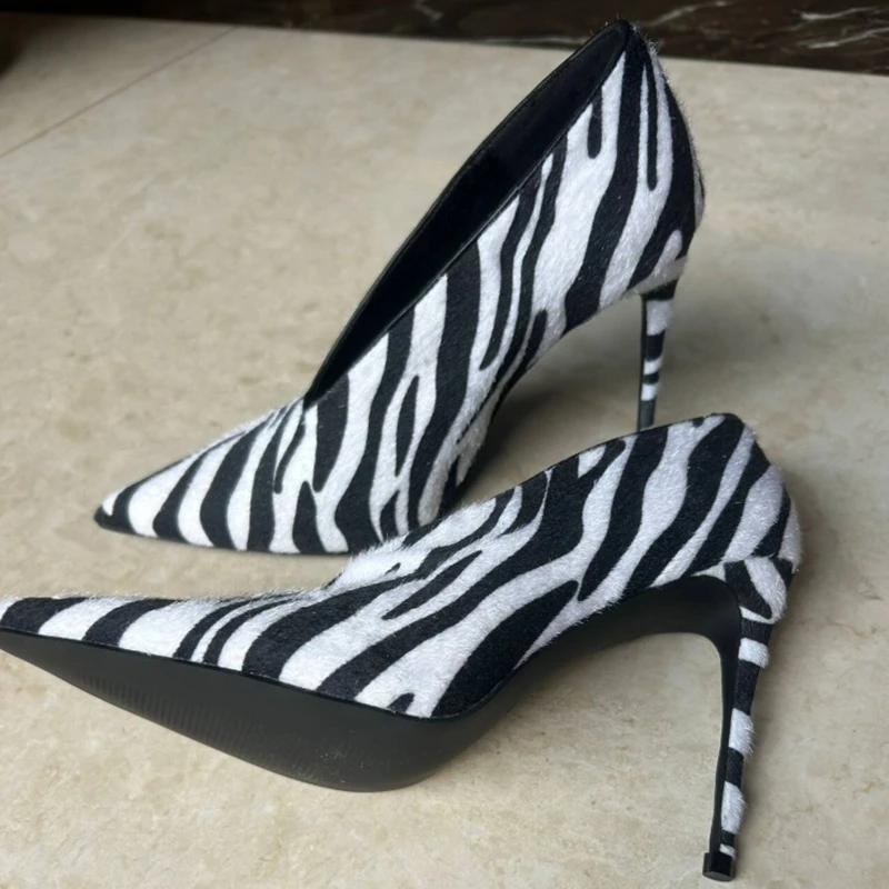 الحديثة زيبرا شريط عميق الخامس عالية الكعب مضخات أشار تو الانزلاق على بولي Leather الجلود الخامس نمط غطاء الكعوب النساء فستان أحذية أسود أبيض #1