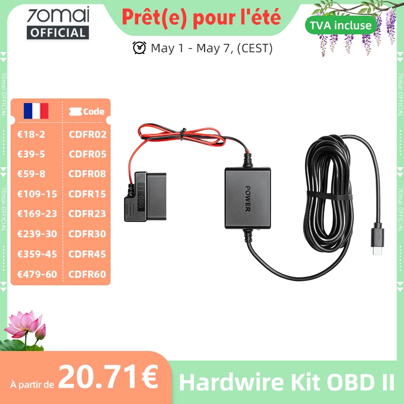 Kit de câblage rigide réglable 70mai OBD II Interface Type-C Plug & Play Kit OBD 70mai Surveillance de stationnement 24H pour caméras embarquées 70mai