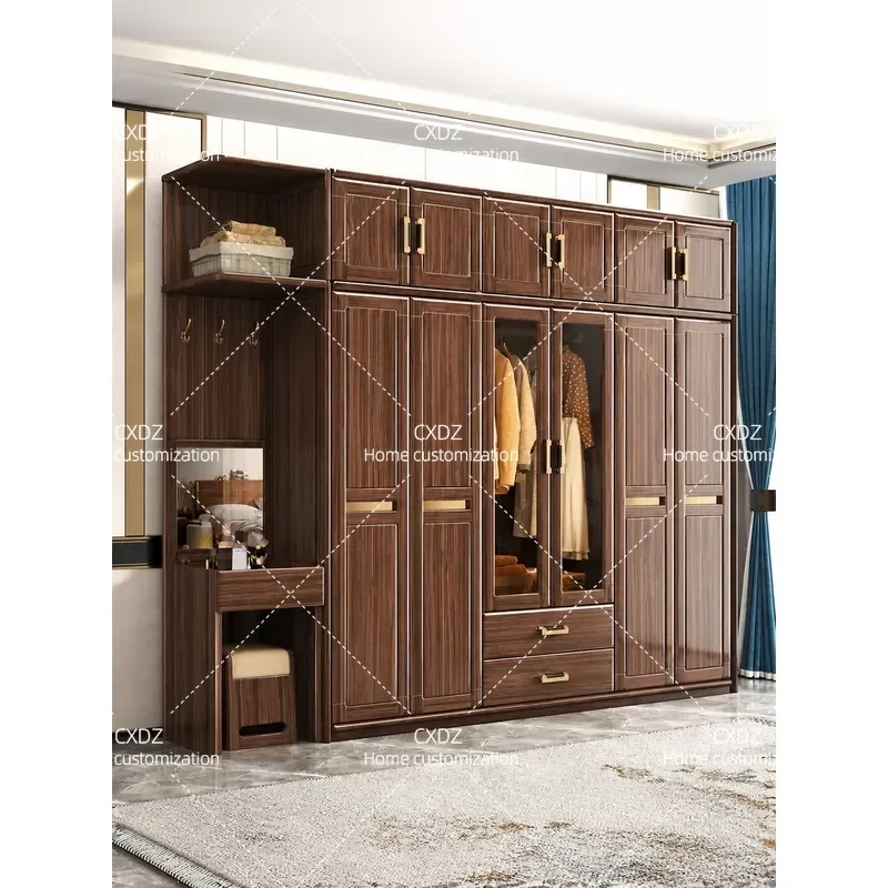 New Chinese Style Walnut Solid Wood Large Wardrobe with Dresser Modern Simple Bedroom Storage Cabinet Coat Locker