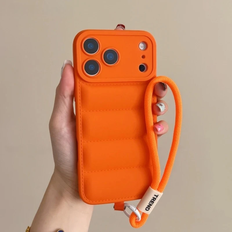 

Soft Down Jacket Silicone Case For iPhone 17 16 15 14 13 12 11 Pro Max Plus Air Shockproof Camera Protection Wrist Strap Cover