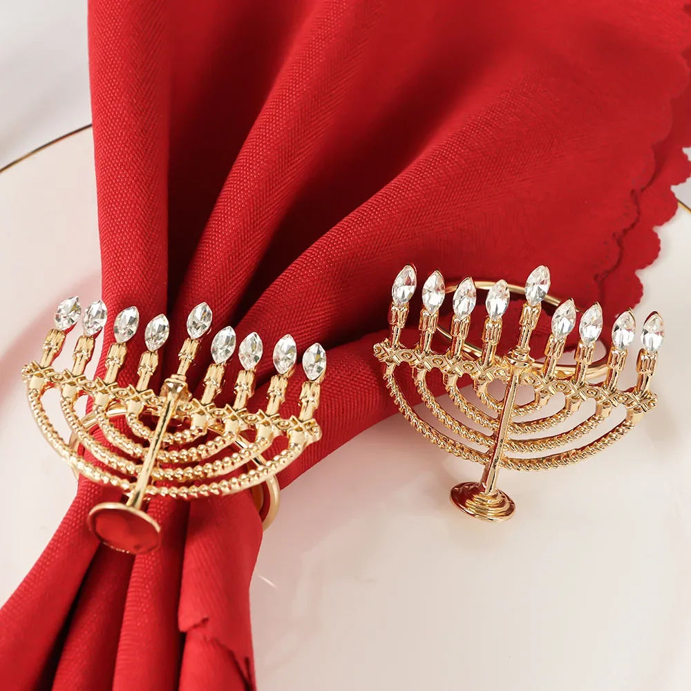 1pc Gold Napkin Ring Serviette Candlestick Buckles Jewish Hanukkah for Dining Table Chanukah Festival Wedding Party Decortion