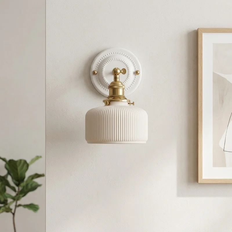 Nordic Japanese Ribbed Wall Mounted Bedroom Bedside Hallway Living Room Decorative Shade Fixture Home Interior Ambient Wall Lamp