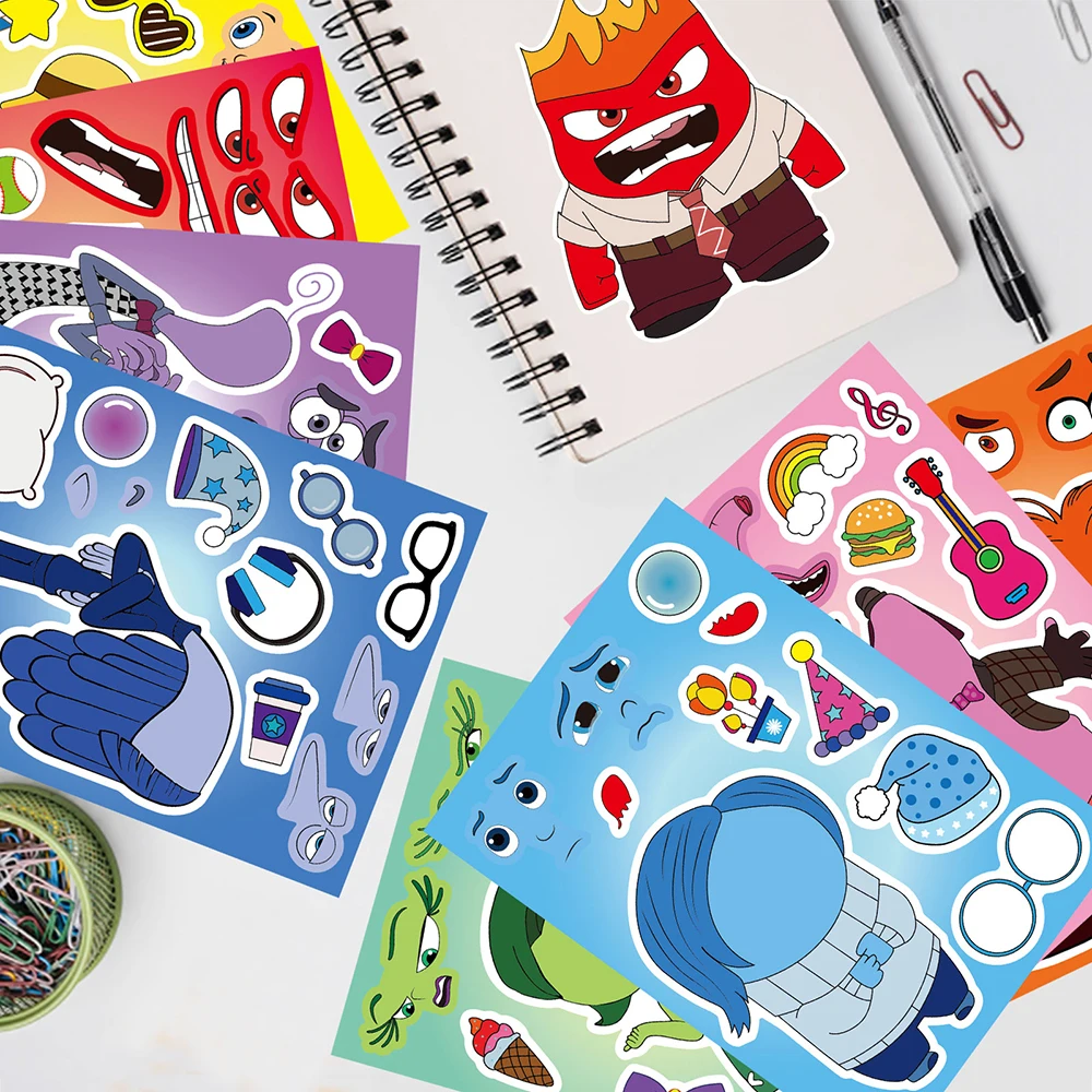 8/16 lembar stiker Puzzle animasi Disney Inside Out fantasi stiker grafiti Skateboard bagasi Laptop telepon DIY menyenangkan untuk hadiah