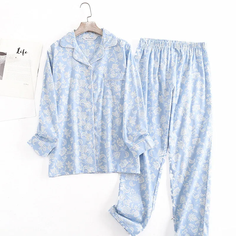 

Pyjamas Femme Hiver New Printed Cotton 100% Spring Autumn Women's Home Clothes Lapel Shirt Pant Suit Loose Sleepwear Pajamas Set