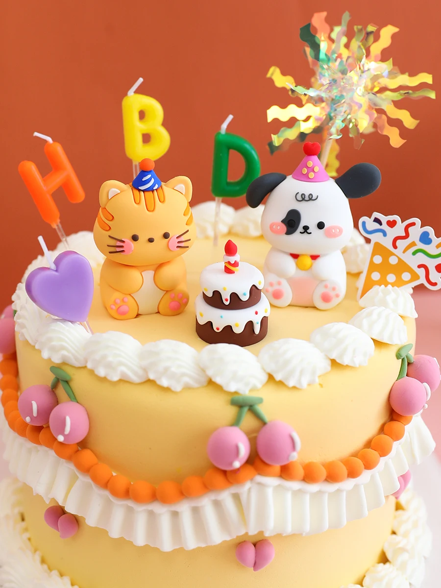 Kids Birthday Cake Topper Home Ornament Cartoon Cake Decoration Happy Birthday Party Kitten Puppy Bear Bunny Soft Rubber Doll