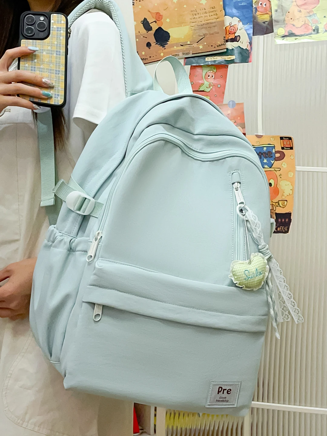 新鮮な純色の和風リュックサック-女子学生向けスクールバッグ-高い審美価値-ダブルショルダーバッグ-ソフト素材-ジッパー開閉
