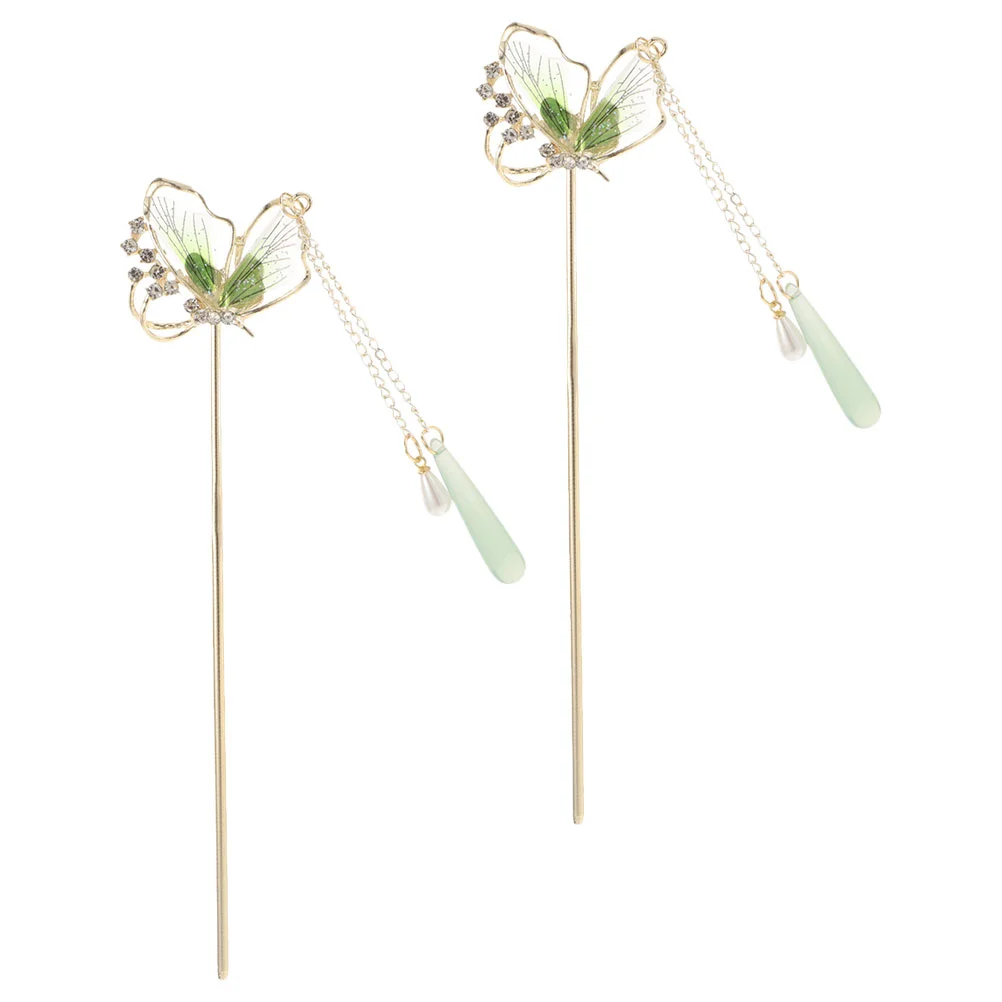 Hair Accessories Hairpin Alloy Sticks Pins Butterfly Vintage Chinese Clasp Light Green Women Bun Metal Clips with Charms Miss