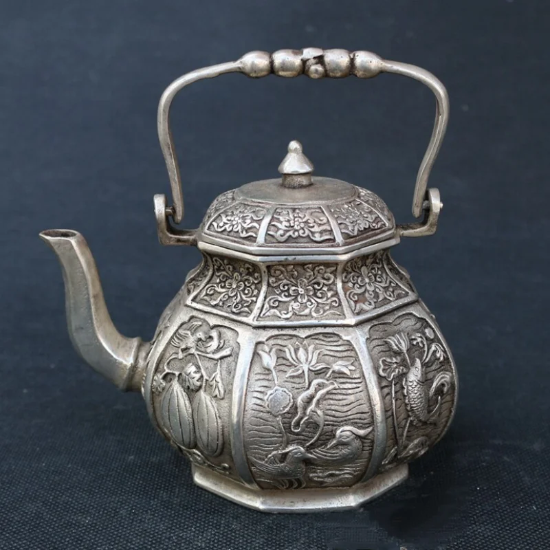 Silver Plated White Copper Teapot Overhead Handle Octagonal Chinese Relief Carved Kettle Floral Relief Home Decor