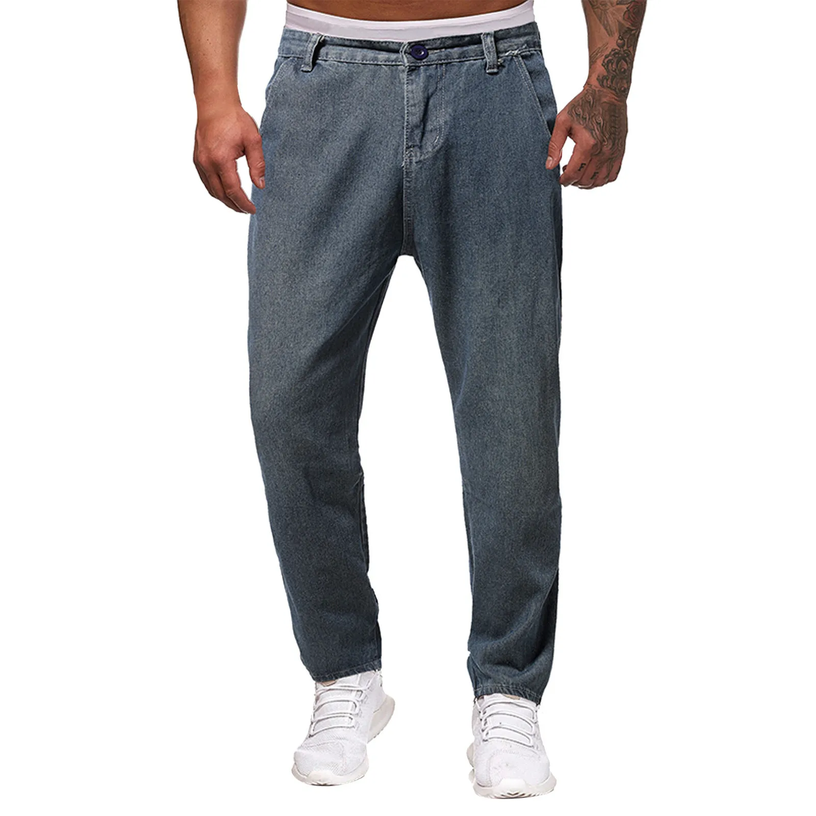 Nieuwe Heren Slim Fit Effen Kleur Jeans Europese En Amerikaanse Jeugd Mode Casual Straight Broek Gesp Rits Denim Lange Broek