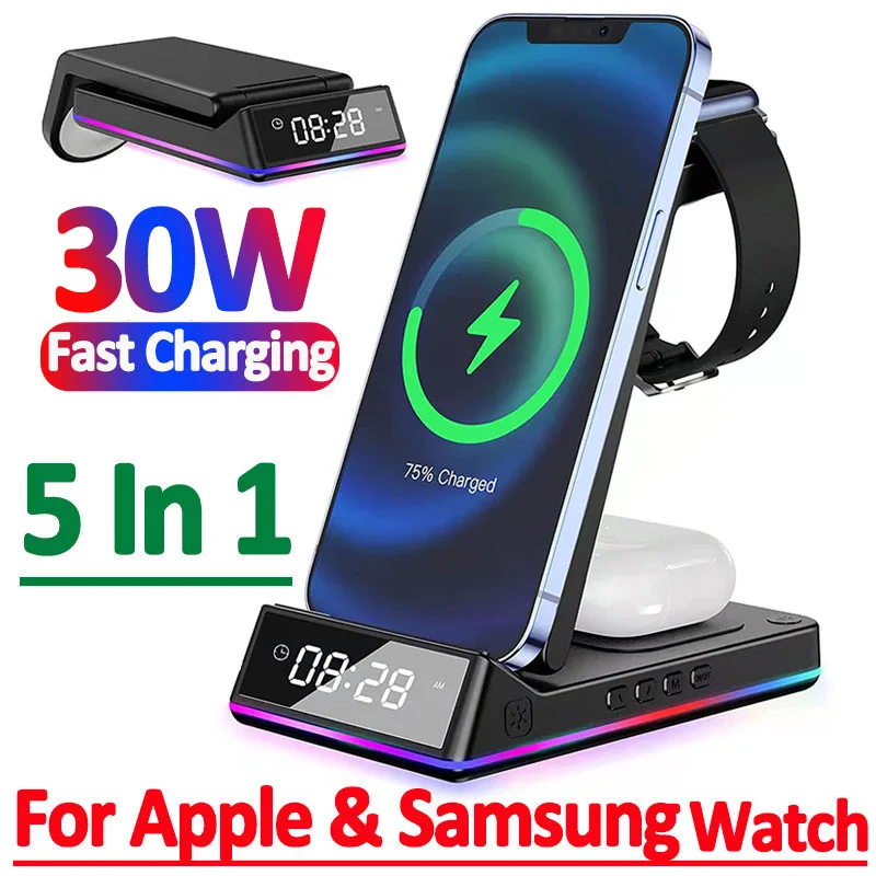 5 In 1 30W Foldable Wireless Charger Stand RGB Dock LED Clock Fast Charging Station for iPhone Samsung Galaxy Watch 5/4 S22 S21