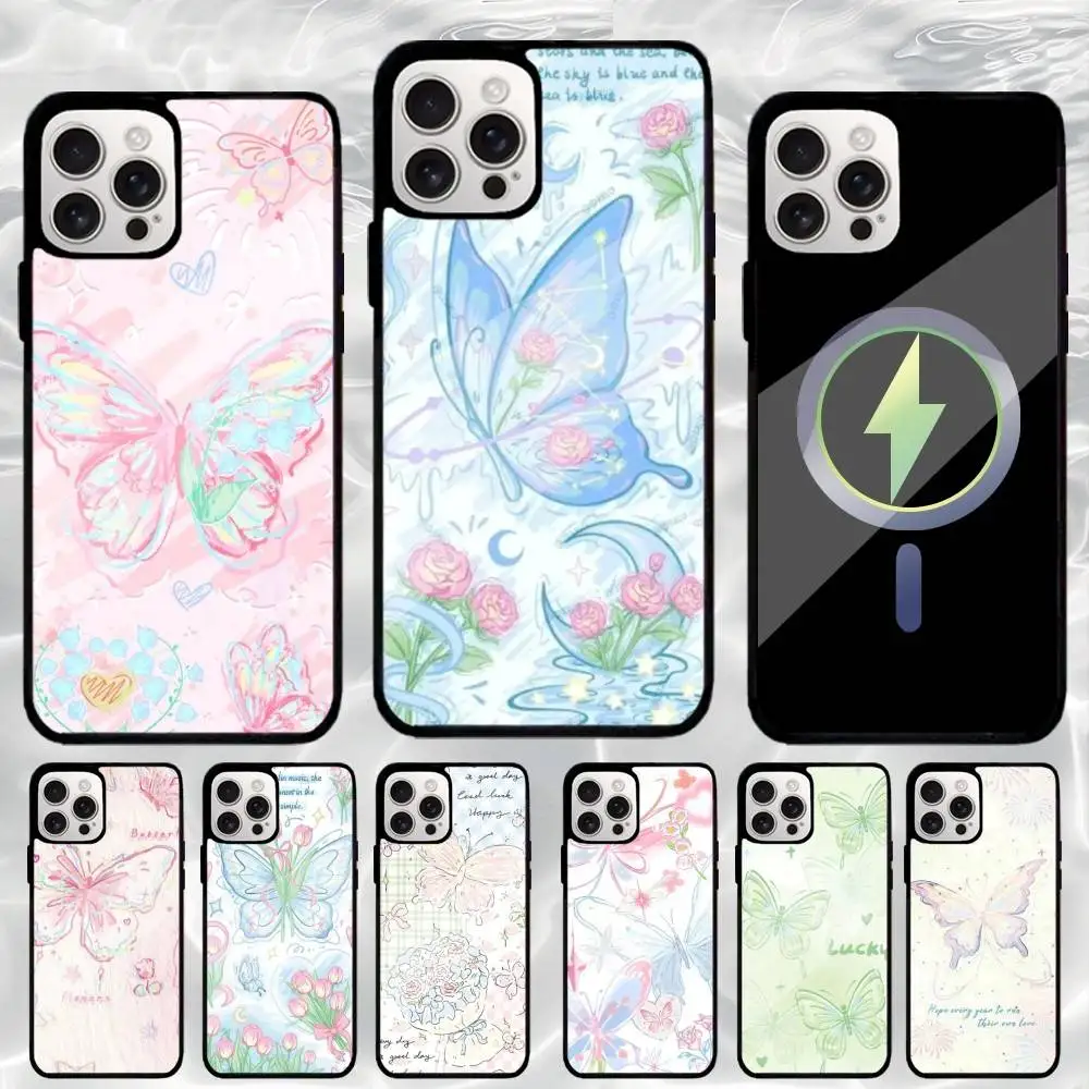 

Aesthetic butterfly Phone Case For iPhone17,16,15,14,13,12,11 Plus,Wireless charging protective case soft cover