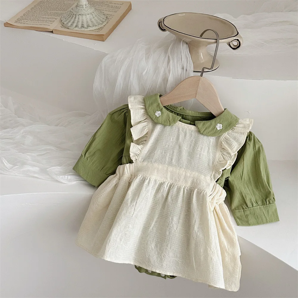 2024 Autumn Baby Clothes Infant Girls Bodysuit Toddler Solid Peter Pan Collar One Piece Or Smock