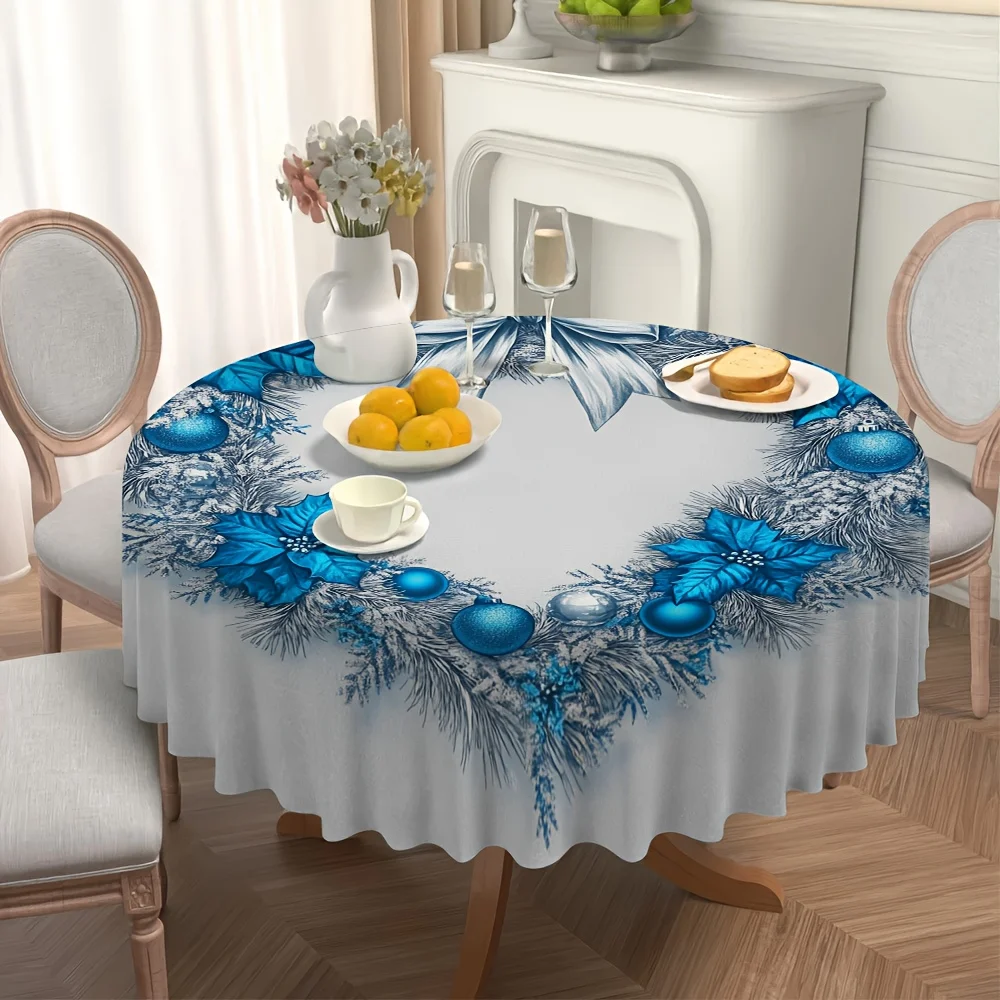 1 blue Christmas wreath tablecloth designed for round table arrangements to enhance the decoration effect of family gatherings